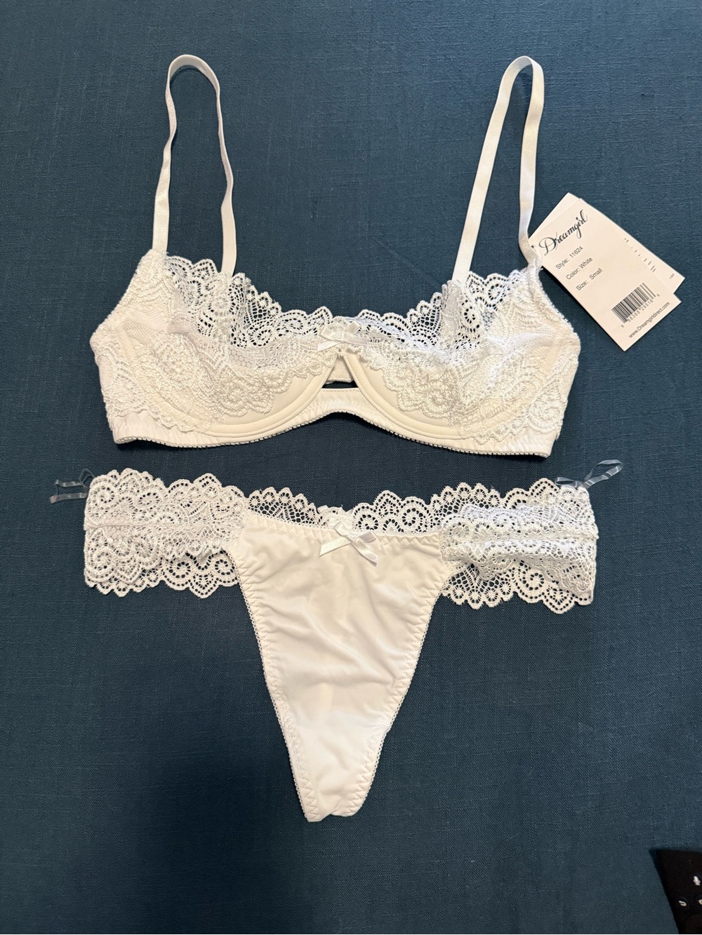 Dreamgirl White Lace Underwire Bra and Lace-Trim Thong Set